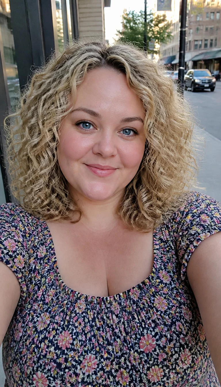 selfie of a 29-year-old plus size Caucasian woman with a chubby face and a small nose. The eyes are blue. She is wearing a floral top with a shoulder length blonde curly hairstyle with tight coils and volume, front view, urban background.