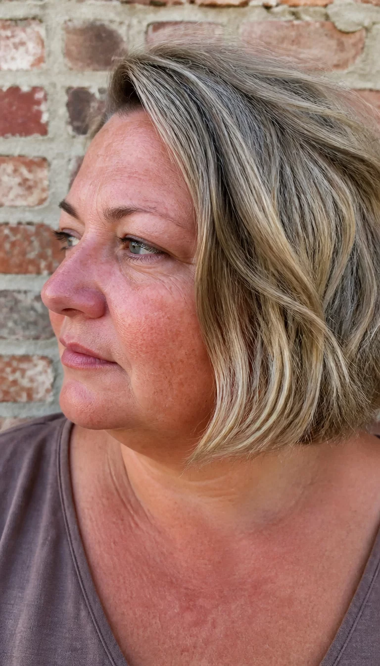 Shaggy Asymmetric Edge casual photo of a 46-year-old plus size Caucasian woman with a chubby face and a pointed nose. The skin is heavily textured with a complex pattern of age spots and a faint, thin scar traversing the left eyebrow. The eyes are deep-set blue. She is wearing a casual top with a shaggy asymmetric blonde and gray bob hairstyle, side view, light brick background.