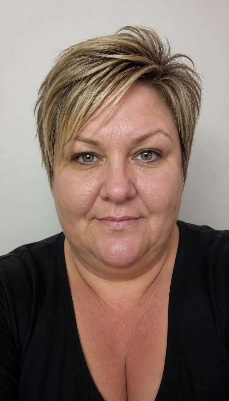 Layered Blonde and Brown Pixie Bob selfie of a 41-year-old plus size Caucasian woman with a chubby face and a rounded nose. The skin is heavily textured with a complex pattern of fine lines and a faint, thin scar traversing the left eyebrow. The eyes are deep-set green. She is wearing a black top with a short blonde and brown layered hairstyle with textured pieces and height at the crown, front view, neutral background.