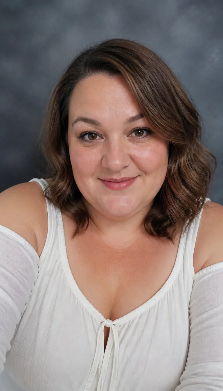 selfie of a 37-year-old plus size Caucasian woman with a chubby face and a rounded nose. The eyes are deep-set brown. She is wearing a white cold-shoulder top with a brown wavy bob hairstyle, front view, portrait studio background.