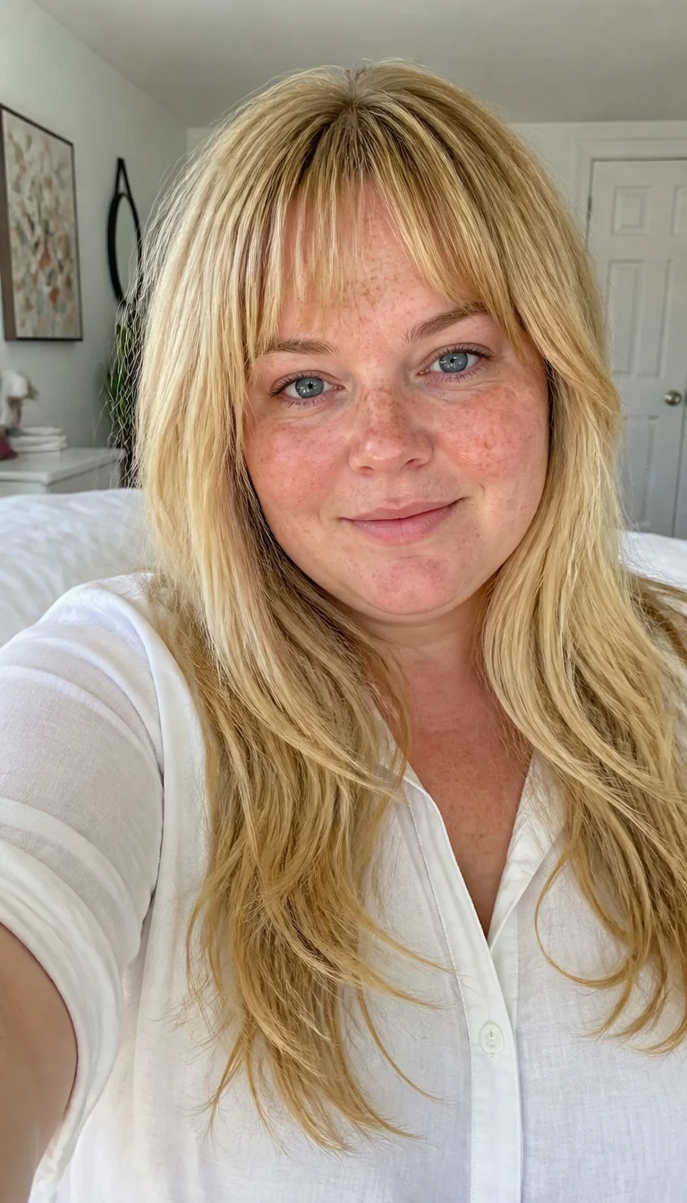 Long Layers and Classic Bangs selfie of a 30-year-old plus size Caucasian woman with a chubby face and a delicate nose. The skin is heavily textured with a complex pattern of dense freckles and a faint, thin scar traversing the left eyebrow. The eyes are deep-set blue. She is wearing a white shirt with a long blonde layered hairstyle with full bangs, front view, bright bedroom background.