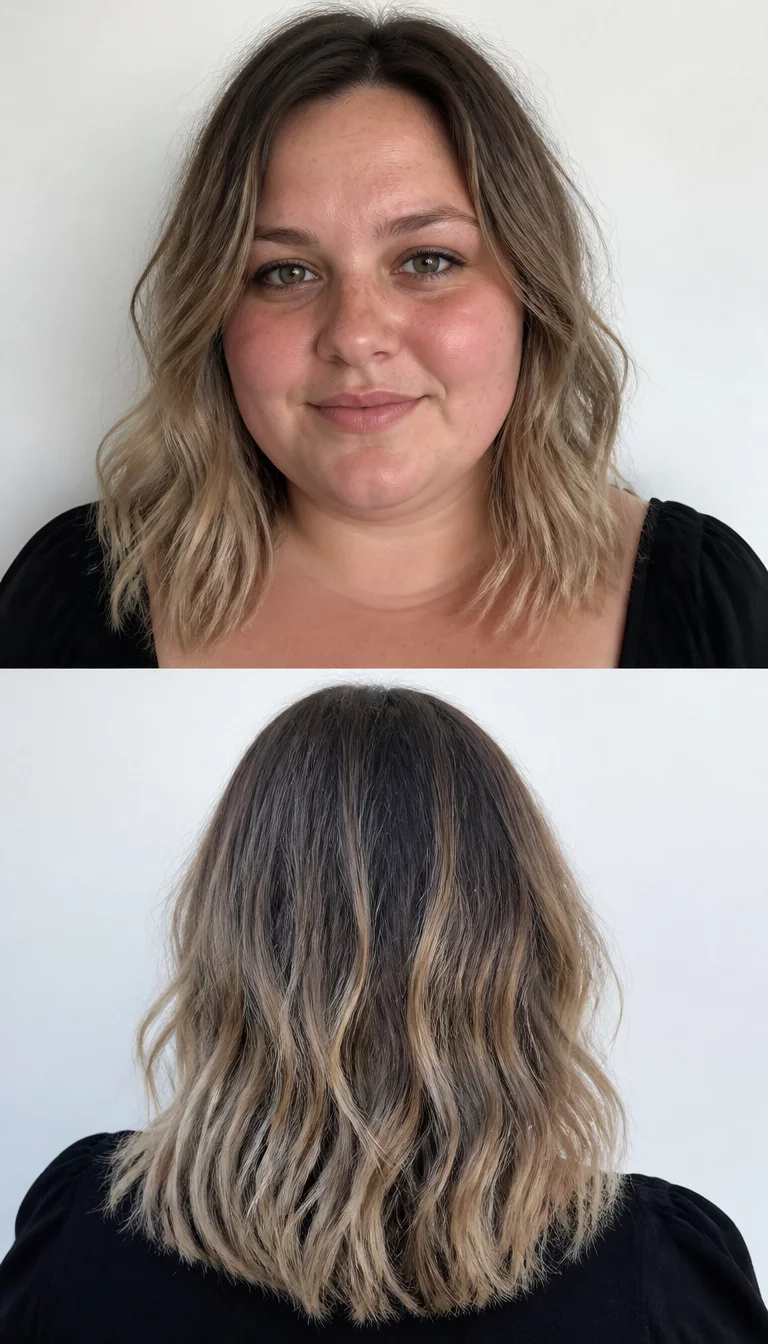 Sun Kissed Ombre Transitions casual photo of a 28-year-old plus size Caucasian woman with a chubby face and a delicate nose. The skin is heavily textured with a complex pattern of light freckles and a faint, thin scar traversing the left eyebrow. The eyes are deep-set hazel. She is wearing a black top with a shoulder length blonde brown ombre wavy hairstyle, front and back view collage, white background.