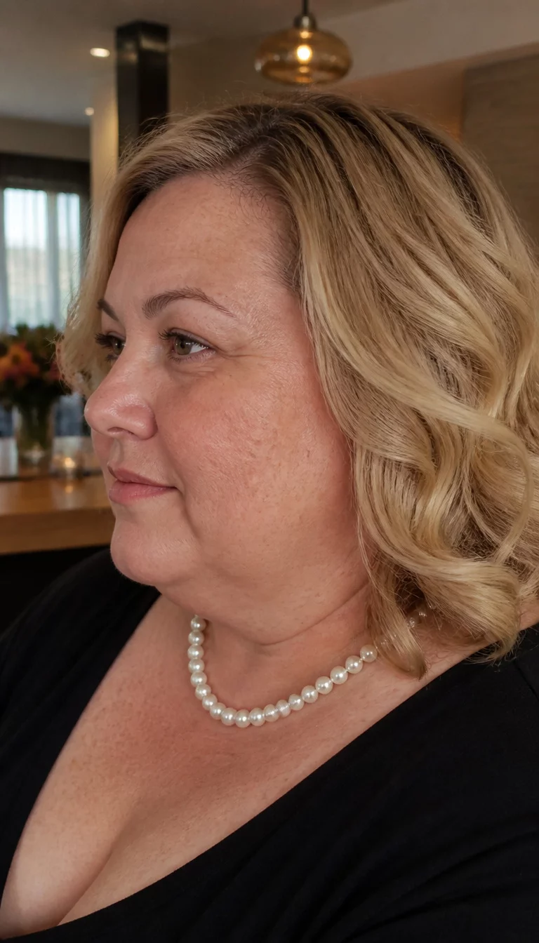 Pearl Necklace and Layered Bob casual photo of a 43-year-old plus size Caucasian woman with a chubby face and a delicate nose. The skin is heavily textured with a complex pattern of fine sun damage and a faint, thin scar traversing the left eyebrow. The eyes are deep-set hazel. She is wearing a black top and pearl necklace with a blonde wavy layered bob hairstyle, side view, elegant indoor background.
