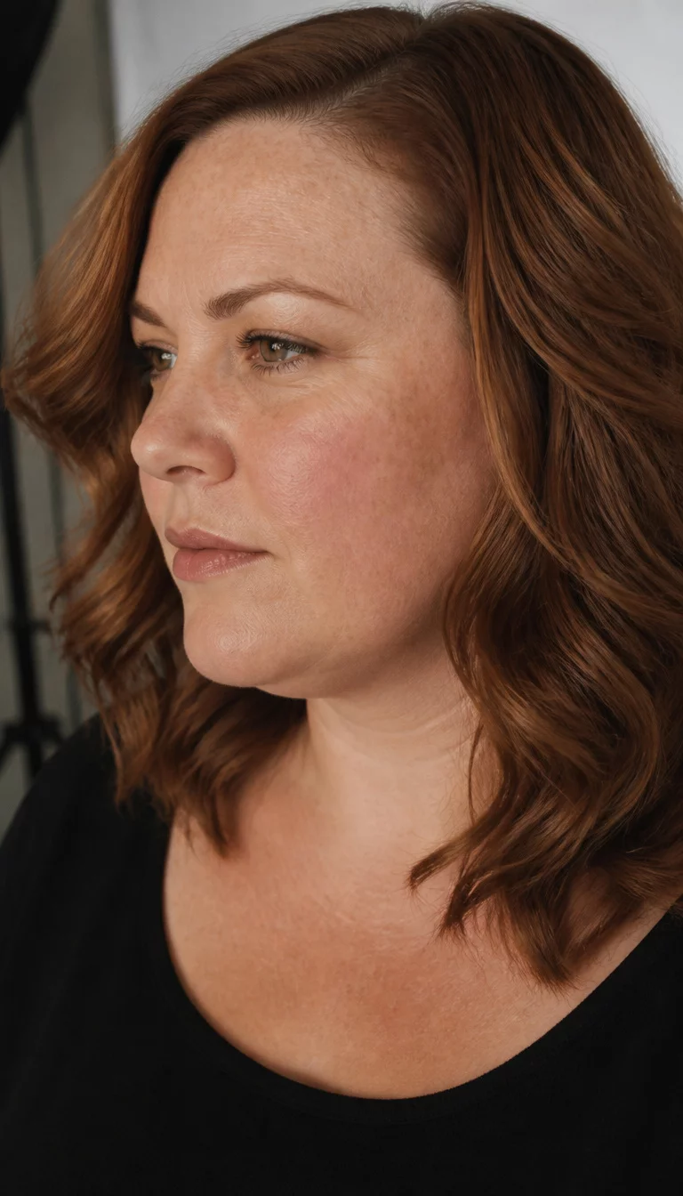 Sleek Auburn Waves with Side Profile casual photo of a 34-year-old plus size Caucasian woman with a chubby face and a delicate nose. The skin is heavily textured with a complex pattern of light sun spots and a faint, thin scar traversing the left eyebrow. The eyes are almond-shaped hazel. She is wearing a black top with a shoulder length auburn wavy hairstyle featuring soft ripples and a side part, side view, indoor studio background.