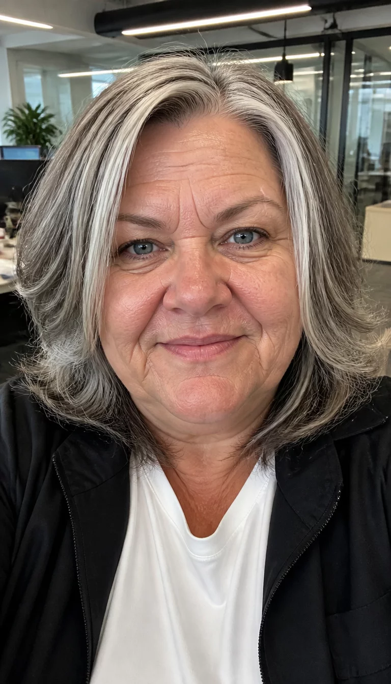 Textured Gray and White Layers selfie of a 49-year-old plus size Caucasian woman with a chubby face and a wide nose. The skin is heavily textured with a complex pattern of deep wrinkles and a faint, thin scar traversing the left eyebrow. The eyes are deep-set blue. She is wearing a black jacket and white t-shirt with a textured gray and white layered medium hairstyle, front view, modern office background.
