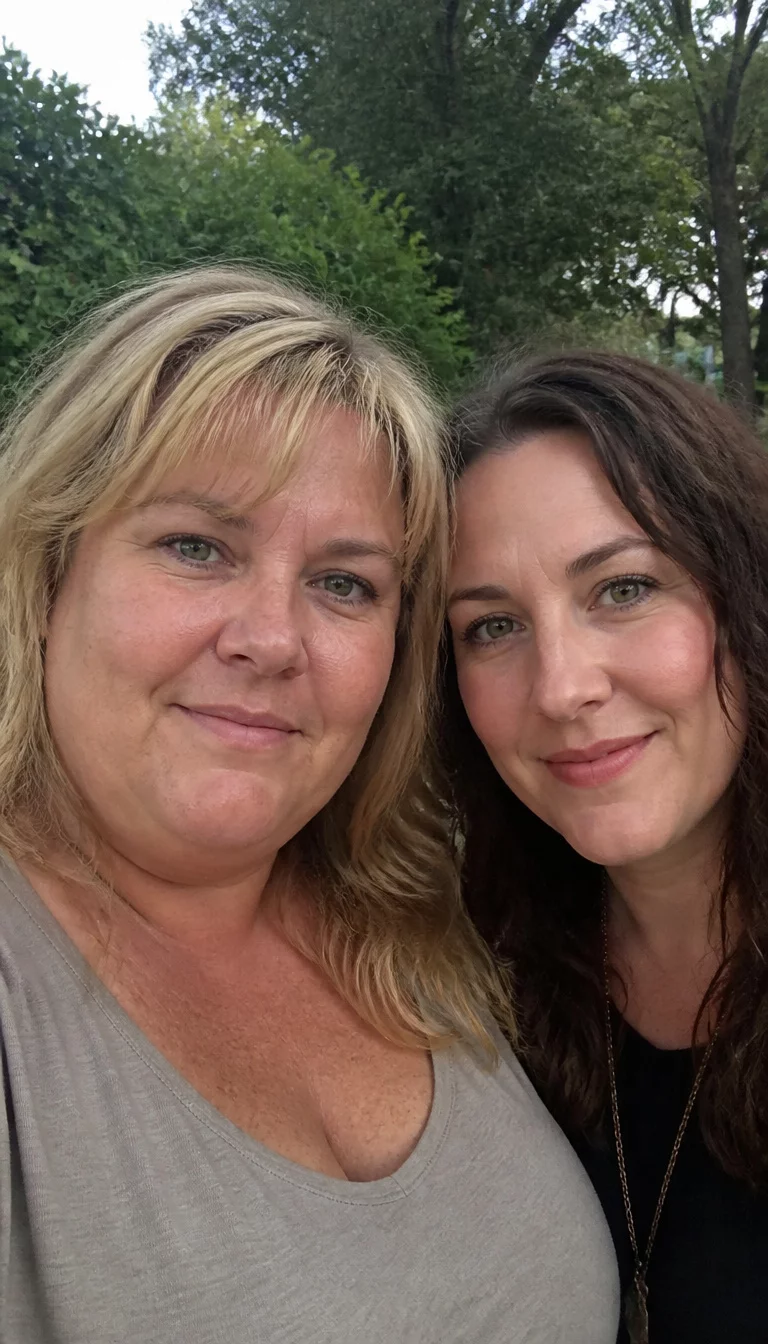 Contrast Between Blonde and Brunette casual photo of a 40-year-old plus size Caucasian woman with a chubby face and a straight nose. The skin is heavily textured with a complex pattern of sun spots and a faint, thin scar traversing the left eyebrow. The eyes are deep-set green. She is wearing a neutral top with a layered blonde hairstyle with bangs next to a woman with dark brown wavy hair, front view, outdoor park background.