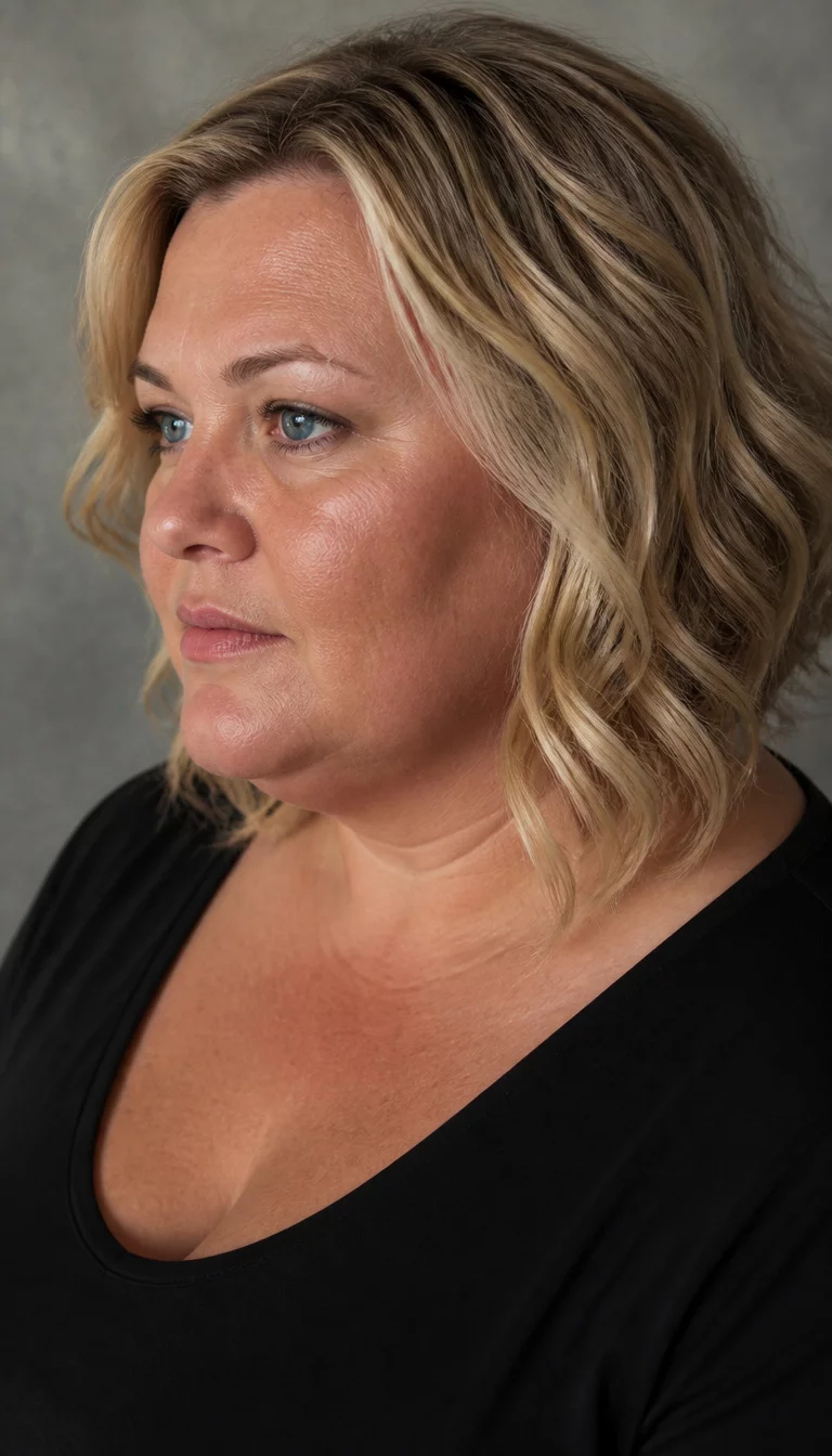 Face Framing Layers and Profiles casual photo of a 39-year-old plus size Caucasian woman with a chubby face and a straight nose. The skin is heavily textured with a complex pattern of fine sun damage and a faint, thin scar traversing the left eyebrow. The eyes are deep-set blue. She is wearing a dark top with a blonde wavy bob hairstyle with face-framing layers cut at an angle, side view, professional studio background.