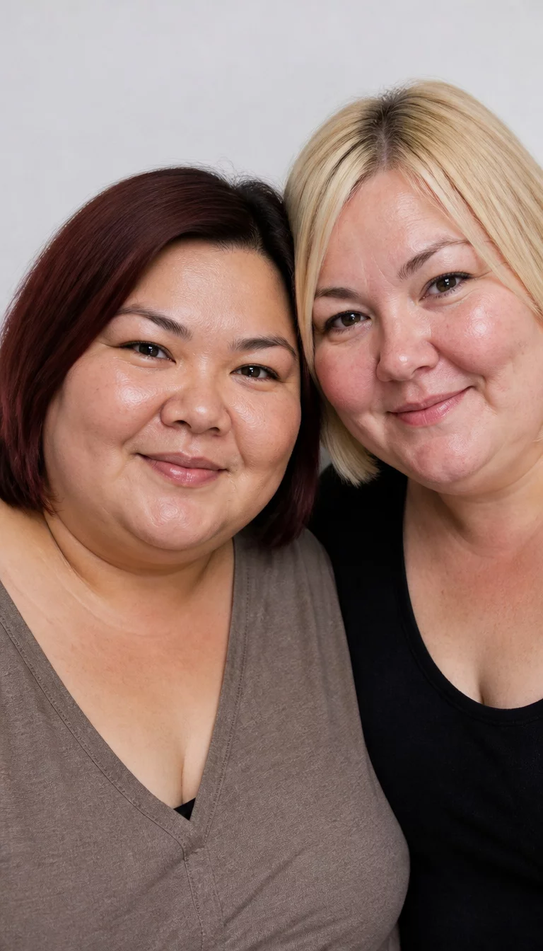 The Bob Comparison casual photo of a 44-year-old plus size Asian woman with a chubby face and a flat nose next to a Caucasian woman with a chubby face. The skin is heavily textured with a complex pattern of fine lines and a faint, thin scar traversing the left eyebrow. The eyes are almond-shaped. One has a blonde bob and the other has a red-toned bob, front view, brightly lit studio.