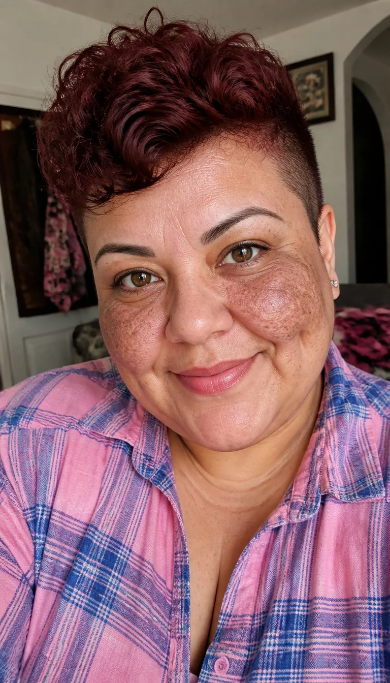 selfie of a 43-year-old plus size Latina woman with a chubby face and a button nose. The skin is heavily textured with a complex pattern of melasma on the cheeks and a prominent dimple. The eyes are warm amber. She is wearing a pink and blue plaid shirt with a curly dark auburn pixie cut with an undercut, front view, home interior background.