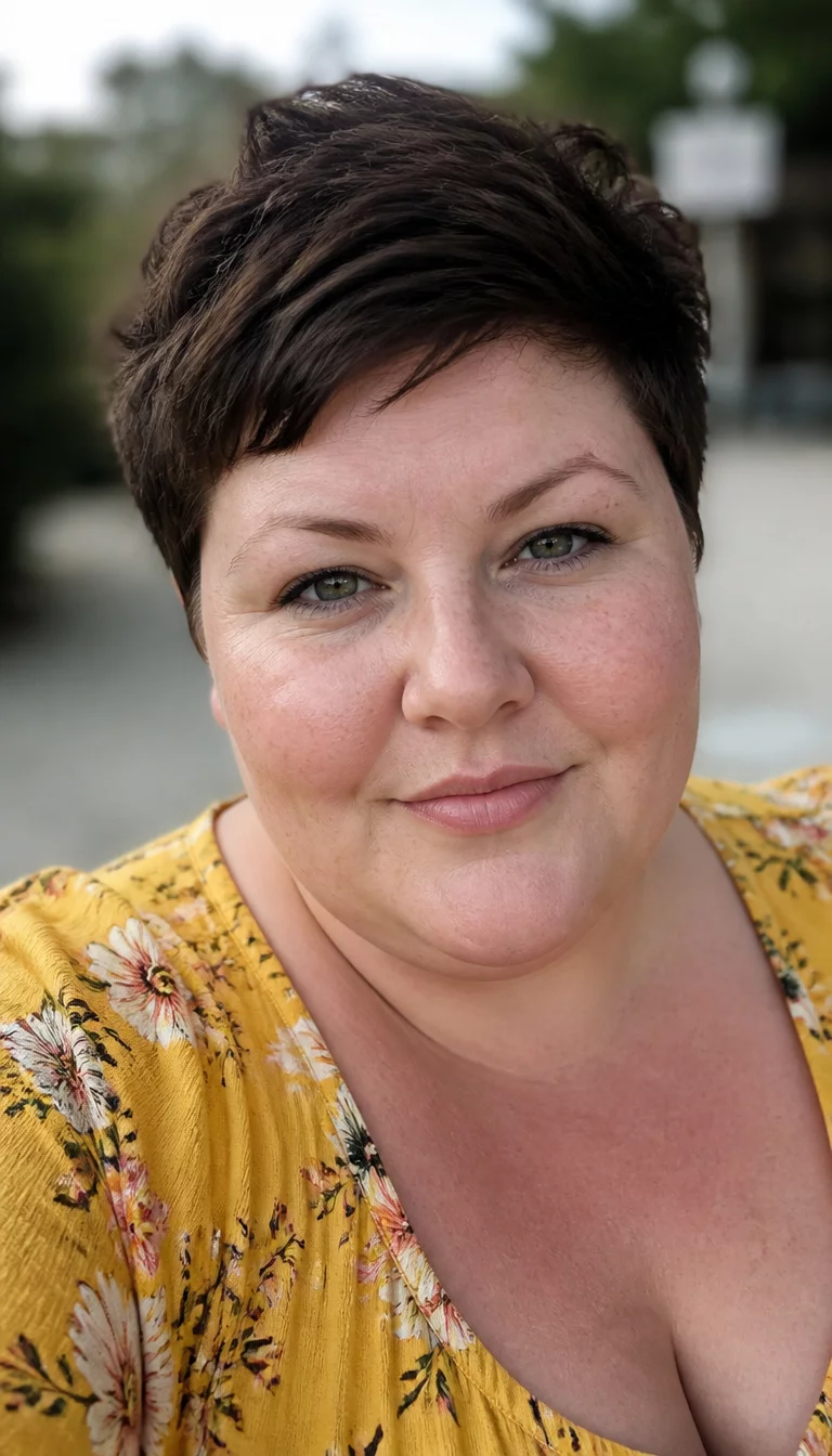 selfie of a 35-year-old plus size Caucasian woman with a chubby face and a straight nose with slightly flared nostrils. The skin is heavily textured with a complex pattern of light freckles and a faint thin scar traversing the left eyebrow. The eyes are deep-set green. She is wearing a yellow floral top with a textured dark brown pixie hairstyle, front view, blurred outdoor background.