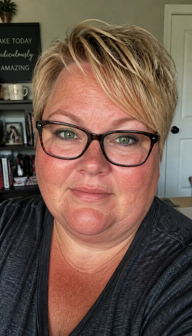 selfie of a 46-year-old plus size Caucasian woman with a chubby face and a short, wide nose. The skin is heavily textured with a complex pattern of sun-kissed freckles and a small scar on the jawline. The eyes are green. She is wearing a dark gray top and glasses with a blonde textured pixie hairstyle, front view, home office background.