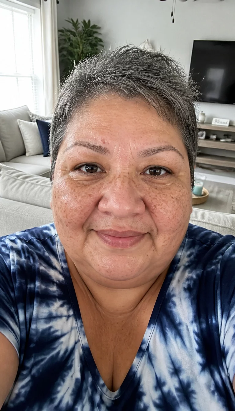 selfie of a 48-year-old plus size Latina woman with a chubby face and a rounded nose. The skin is heavily textured with a complex pattern of age spots and a faint scar across the left eyebrow. The eyes are dark brown. She is wearing a blue tie-dye patterned top with a short textured pixie cut in a gray shade, front view, bright living room background.