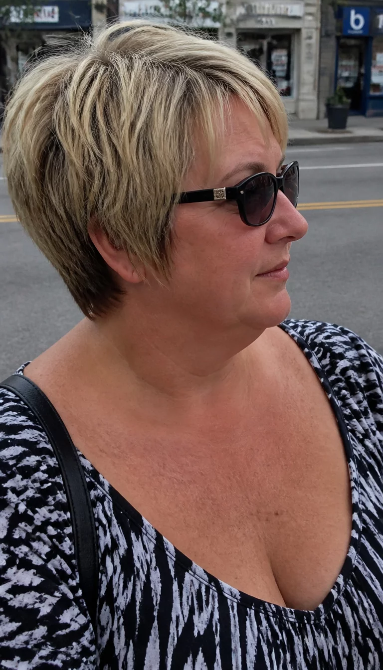 casual photo of a 47-year-old plus size Caucasian woman with a chubby face and a long, thin nose. The skin is heavily textured with a complex pattern of sun damage on the decolletage and fine lines around the mouth. The eyes are hidden by sunglasses. She is wearing a black and white patterned top with a short layered blonde pixie hairstyle, side view, street background.