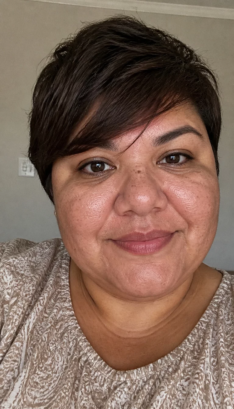 selfie of a 39-year-old plus size Latina woman with a chubby face and a wide, flat nose. The skin is heavily textured with a complex pattern of large pores and a small cluster of freckles on the nose. The eyes are chocolate brown. She is wearing a beige patterned top with a dark brown textured pixie cut with bangs swept to the side, front view, soft indoor lighting.