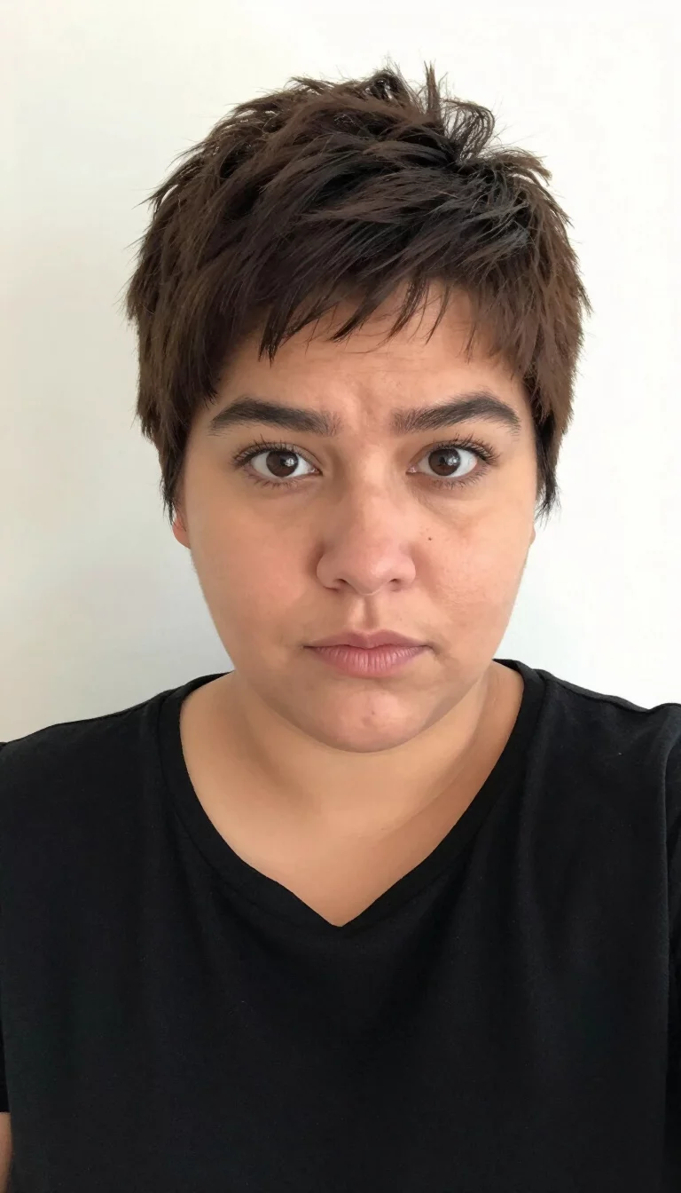 selfie of a 32-year-old plus size Latina woman with a chubby face and a wide, flared nose. The skin has a faint horizontal wrinkle on the forehead. The eyes are large brown. She is wearing a black top with a dark brown shaggy pixie cut with an undercut, front view, simple studio background.