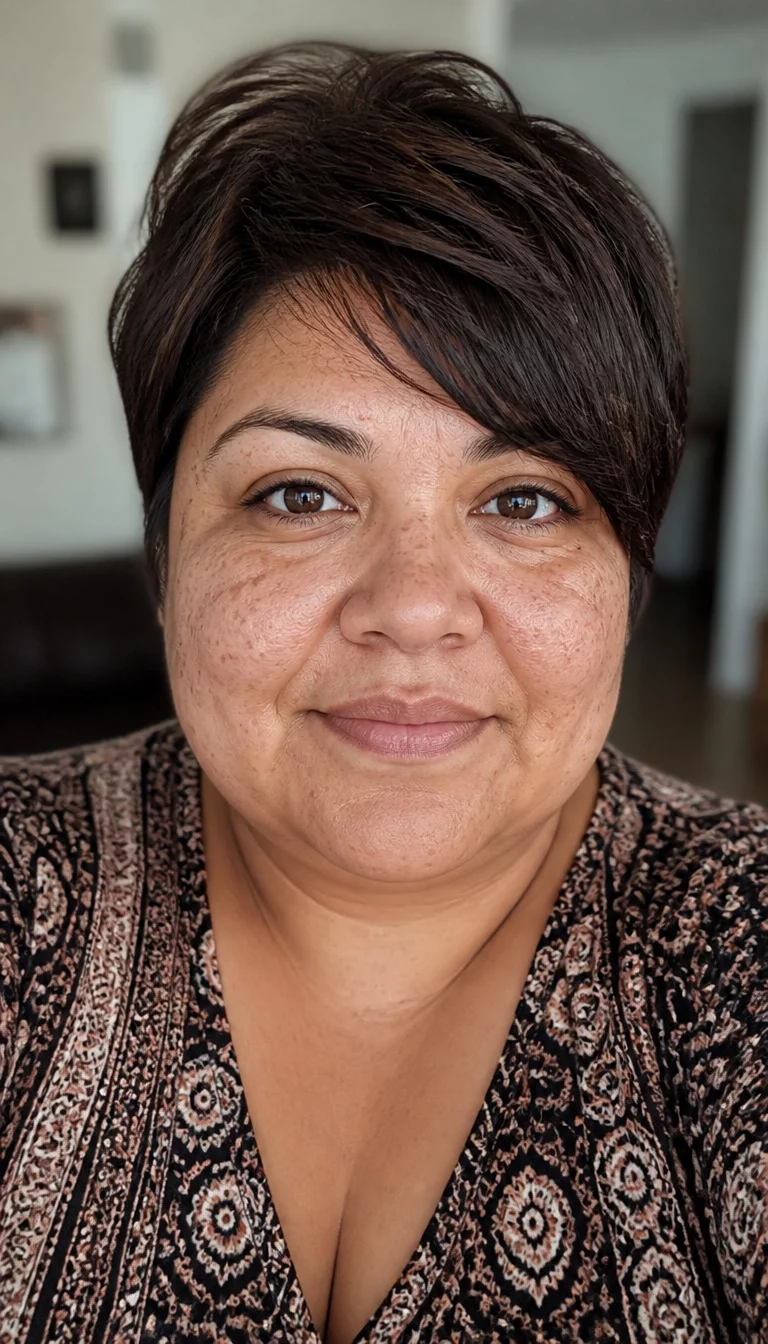 selfie of a 37-year-old plus size Latina woman with a chubby face and a rounded, wide nose. The skin is heavily textured with a complex pattern of dark freckles and a faint scar on the cheek. The eyes are dark brown. She is wearing a patterned top with a dark brown layered pixie cut with bangs swept to one side, front view, blurred interior background.