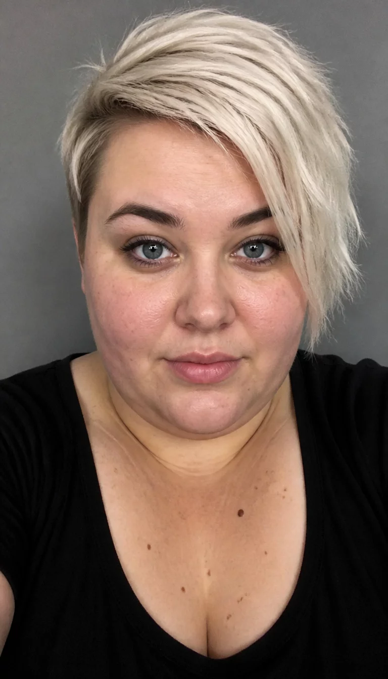 selfie of a 28-year-old plus size Caucasian woman with a chubby face and a straight, narrow nose. The skin is heavily textured with a complex pattern of pale skin and a few dark moles. The eyes are blue. She is wearing a black top with a platinum blonde angled pixie and dark eyebrows, front view, simple gray background.