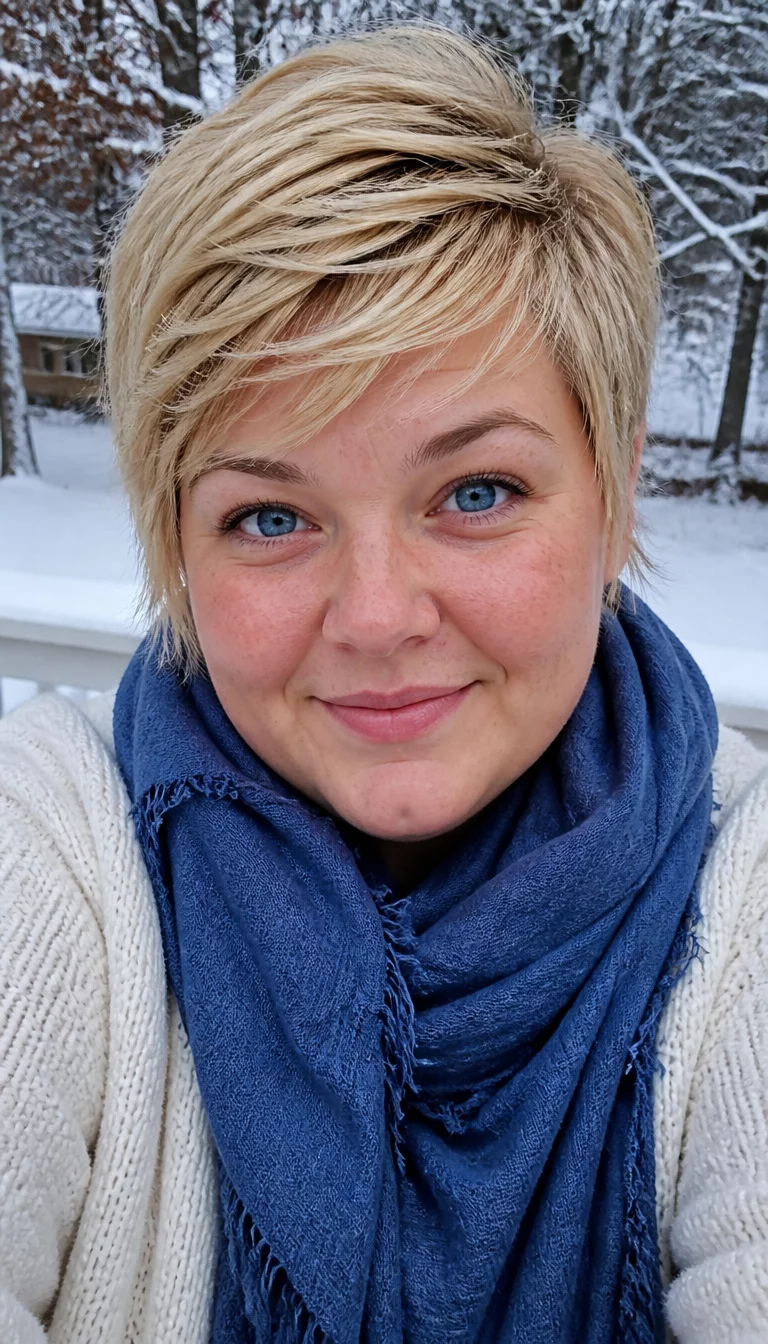selfie of a 27-year-old plus size Caucasian woman with a chubby face and a small, pert nose. The skin is heavily textured with a complex pattern of light freckles and a tiny dimple on the chin. The eyes are sparkling blue. She is wearing a cream sweater and a blue scarf with a short layered blonde pixie hairstyle, front view, snowy outdoor background.