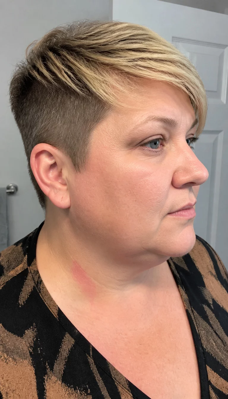 casual photo of a 38-year-old plus size Caucasian woman with a chubby face and a broad, flat bridge nose. The skin is heavily textured with a complex pattern of fine lines around the eyes and a small red patch on the neck. The eyes are piercing gray. She is wearing a black and brown patterned top with a layered blonde pixie cut with darker shaved sides, side view, bright indoor lighting.
