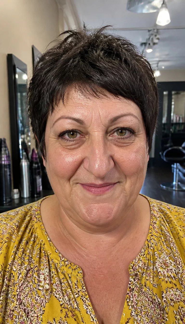 casual photo of a 42-year-old plus size Caucasian woman with a chubby face and a prominent, hooked nose. The skin is heavily textured with a complex pattern of fine wrinkles and a slight puffiness under the eyes. The eyes are hazel. She is wearing a yellow patterned top with a dark brown choppy pixie cut, front view, salon background.