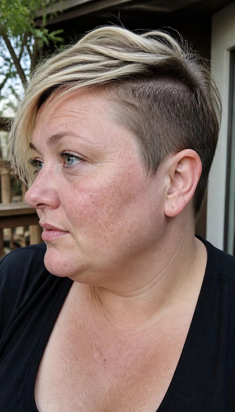 casual photo of a 36-year-old plus size Caucasian woman with a chubby face and a slightly crooked nose bridge. The skin is heavily textured with a complex pattern of pale freckles and a small scar on the temple. The eyes are light blue. She is wearing a black top with a blonde textured pixie cut styled to the side with darker roots and an undercut, side view, natural outdoor light.