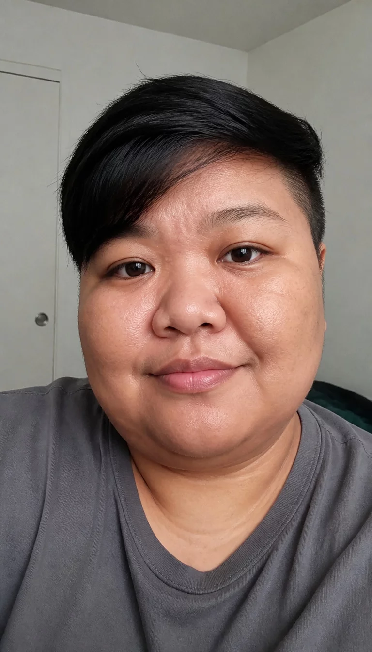 selfie of a 31-year-old plus size Asian woman with a chubby face and a wide, low-bridge nose. The skin is heavily textured with a complex pattern of smooth areas and a few faint scars from childhood. The eyes are dark brown. She is wearing a gray top with a black pixie cut with an undercut and bangs swept to the side, front view, minimalist room background.