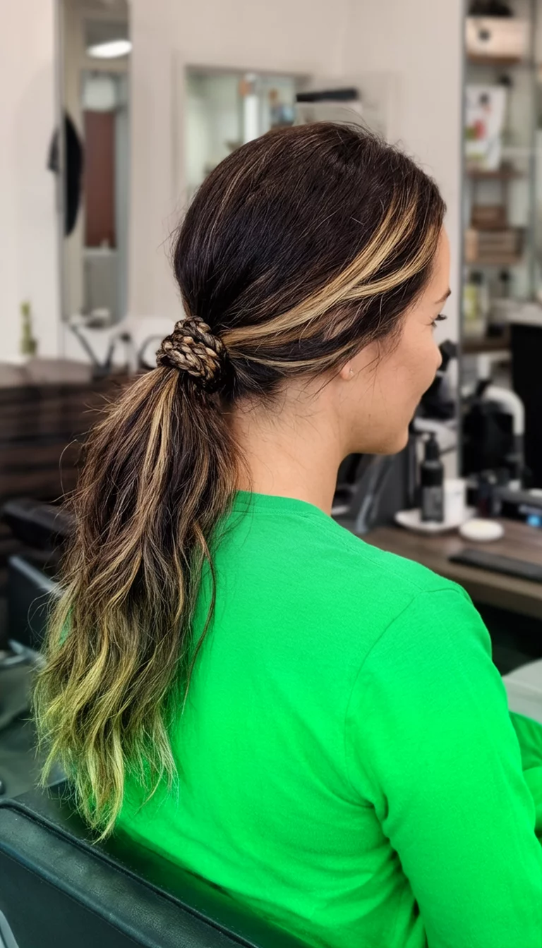 casual photo of a 33-year-old woman wearing a bright green top with a textured braided low ponytail in a dark brown and blonde balayage hairstyle, side view, hair salon background