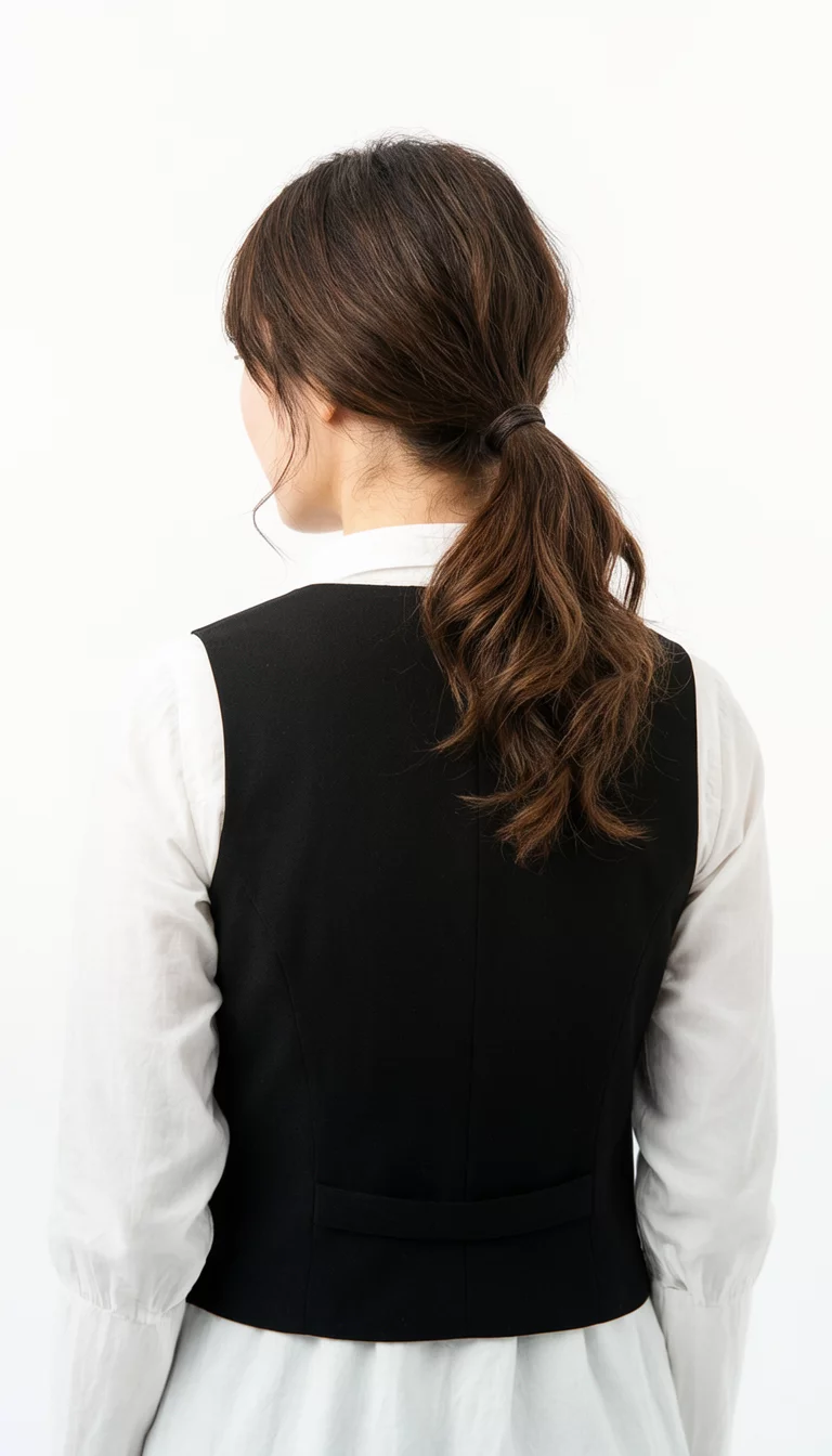 casual photo of a 30-year-old woman wearing a white blouse and black vest with a low ponytail with gentle waves hairstyle, back view, white background