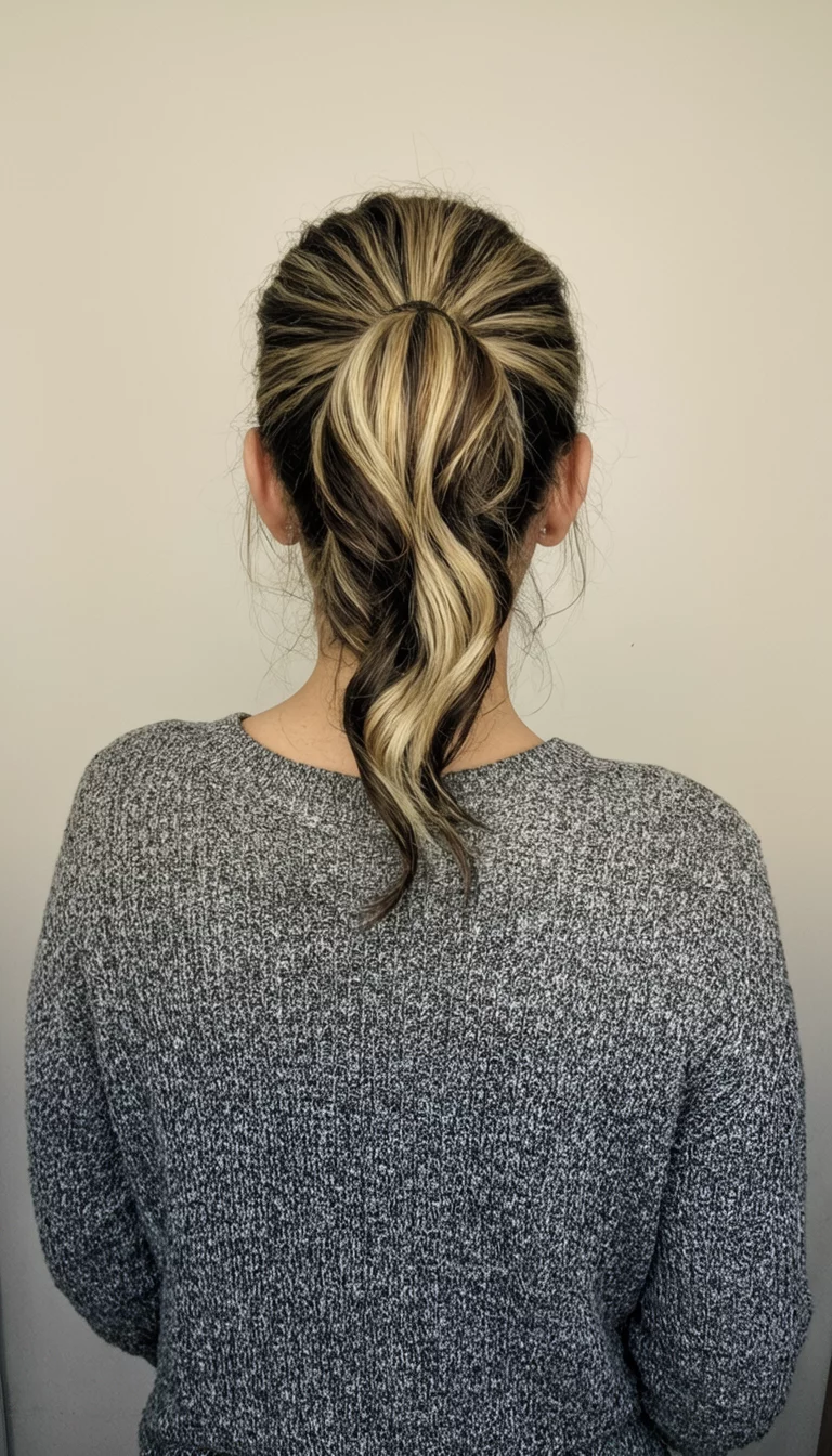 casual photo of a 36-year-old woman wearing a grey knit top with a bubble ponytail with streaks of blonde and dark brown hairstyle, back view, plain wall