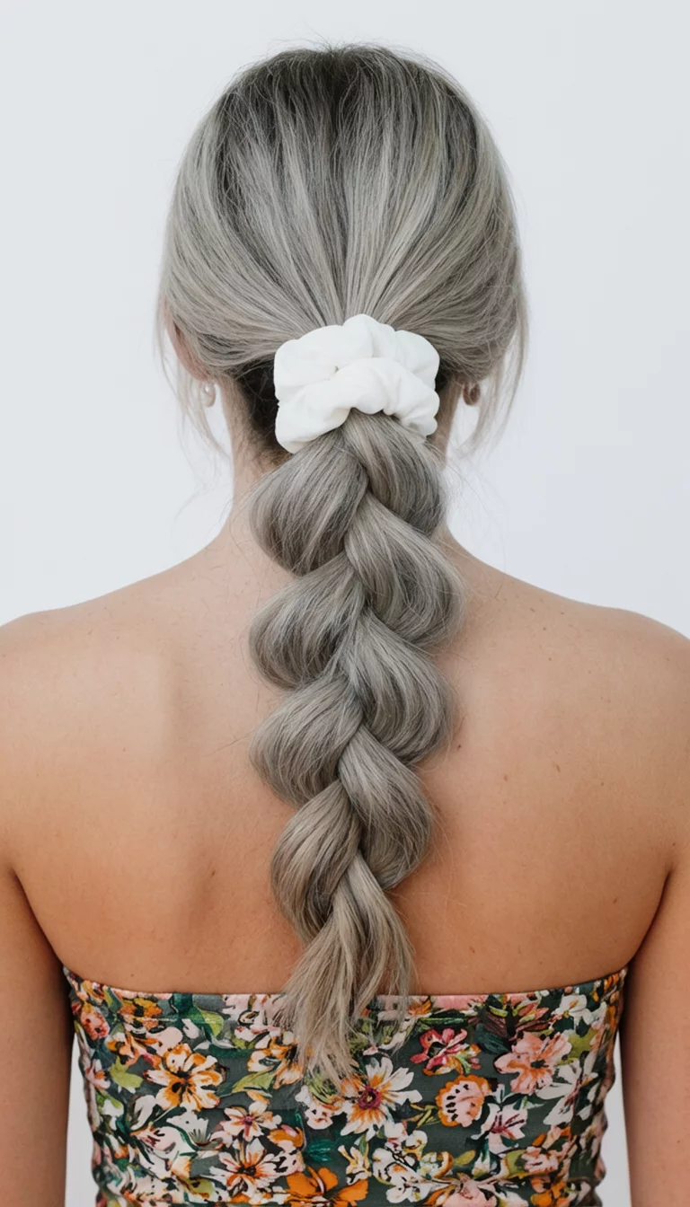 casual photo of a 27-year-old woman wearing a floral tube top with a layered ash blonde braided and twisted ponytail with a white scrunchie hairstyle, back view, plain background