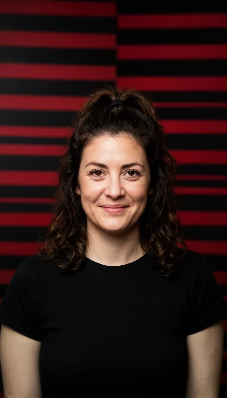 casual photo of a 32-year-old woman wearing a black top with dark brown wavy hair in a high ponytail hairstyle, front view, studio with black and red striped wall