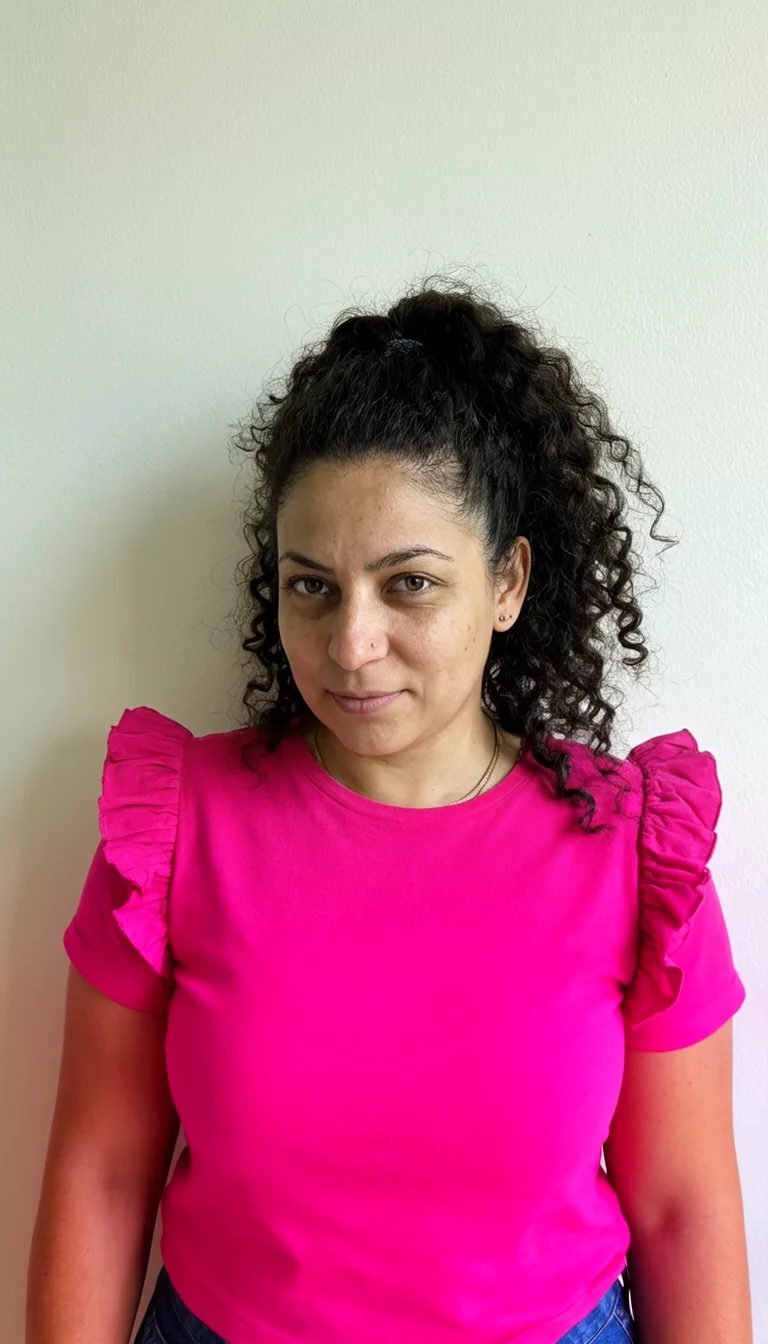 casual photo of a 28-year-old woman wearing a bright pink top with ruffled sleeves with dark curly hair in a high ponytail hairstyle, front view, light colored wall