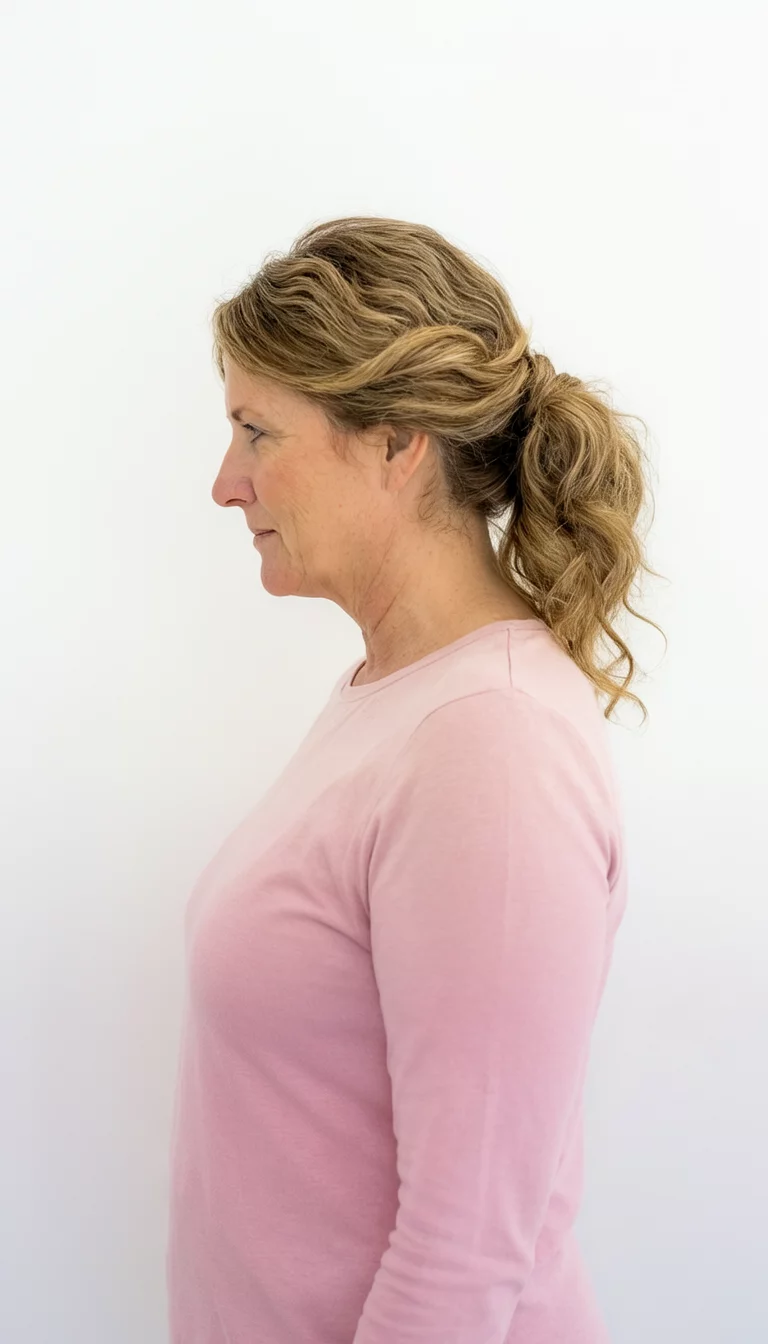 casual photo of a 49-year-old woman wearing a light pink top with light brown wavy hair in a twisted flip ponytail hairstyle, side view, plain white background