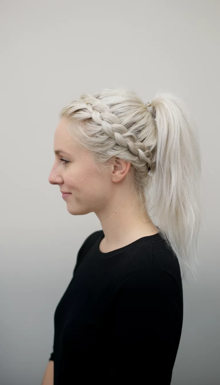 casual photo of a 28-year-old woman wearing a black top with a platinum blonde high ponytail and a braided crown hairstyle, side view, plain background