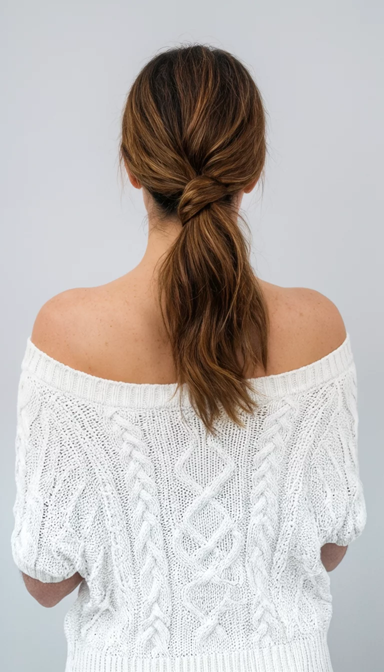 casual photo of a 39-year-old woman wearing a white cable knit off the shoulder top with a twisted low ponytail hairstyle, back view, plain light gray background