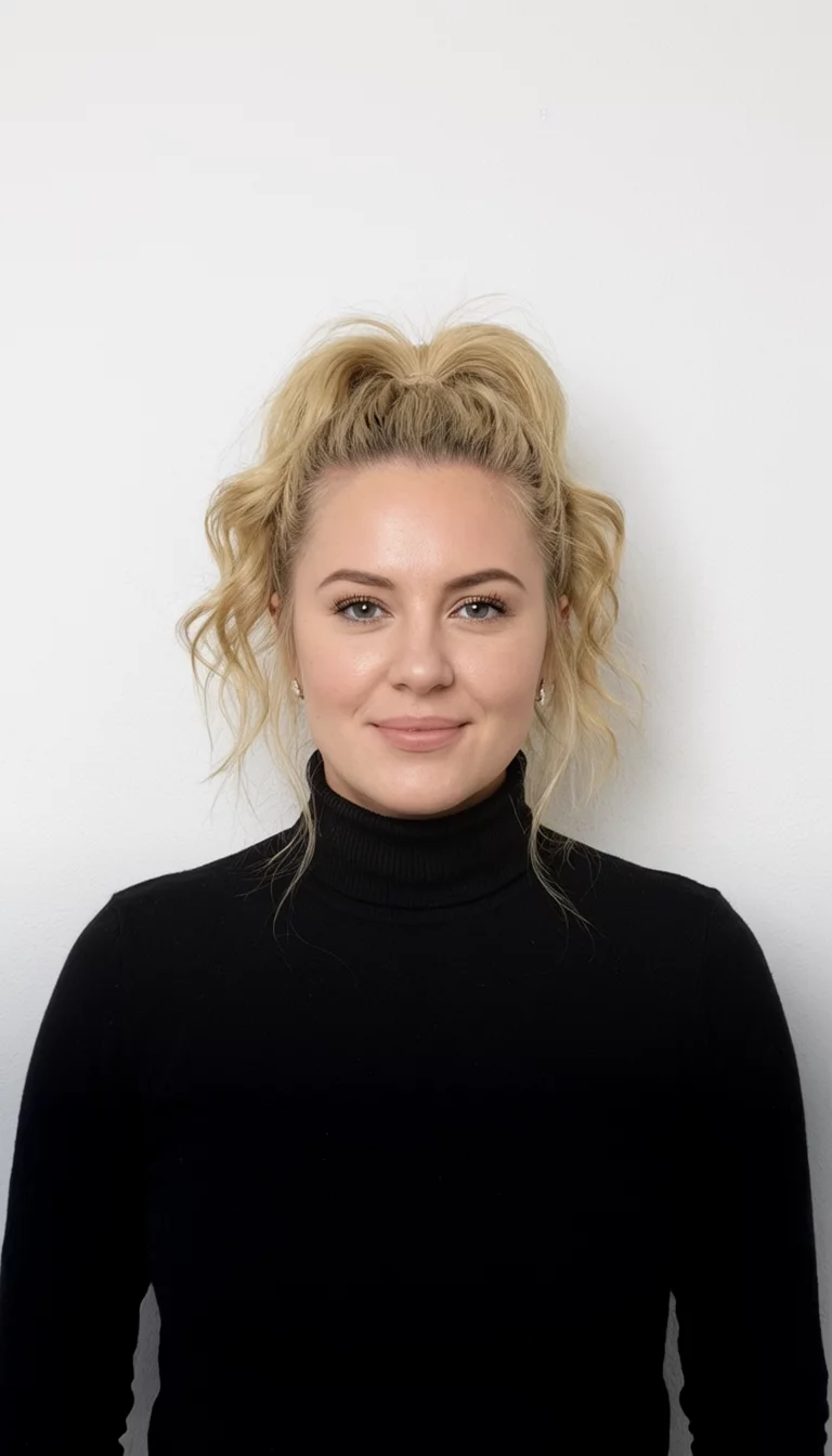 casual photo of a 29-year-old woman wearing a black turtleneck with blonde hair styled in a voluminous ponytail with loose waves hairstyle, front view, plain white wall