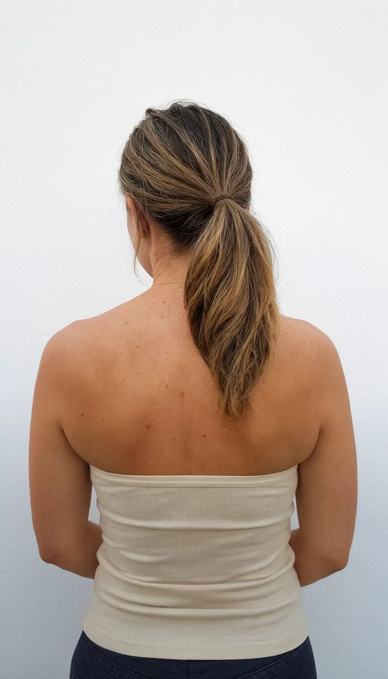 casual photo of a 42-year-old woman wearing a strapless top with a twisted low ponytail hairstyle, back view, plain white wall