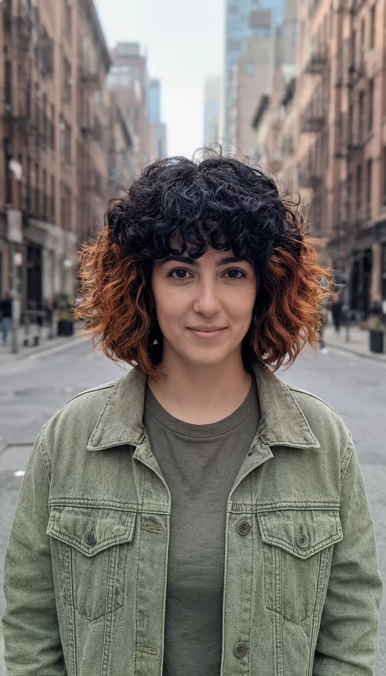 casual photo of a 25-year-old woman wearing a casual jacket with a curly black, wavy brown, and shaggy auburn colored short hairstyle, front view, urban street