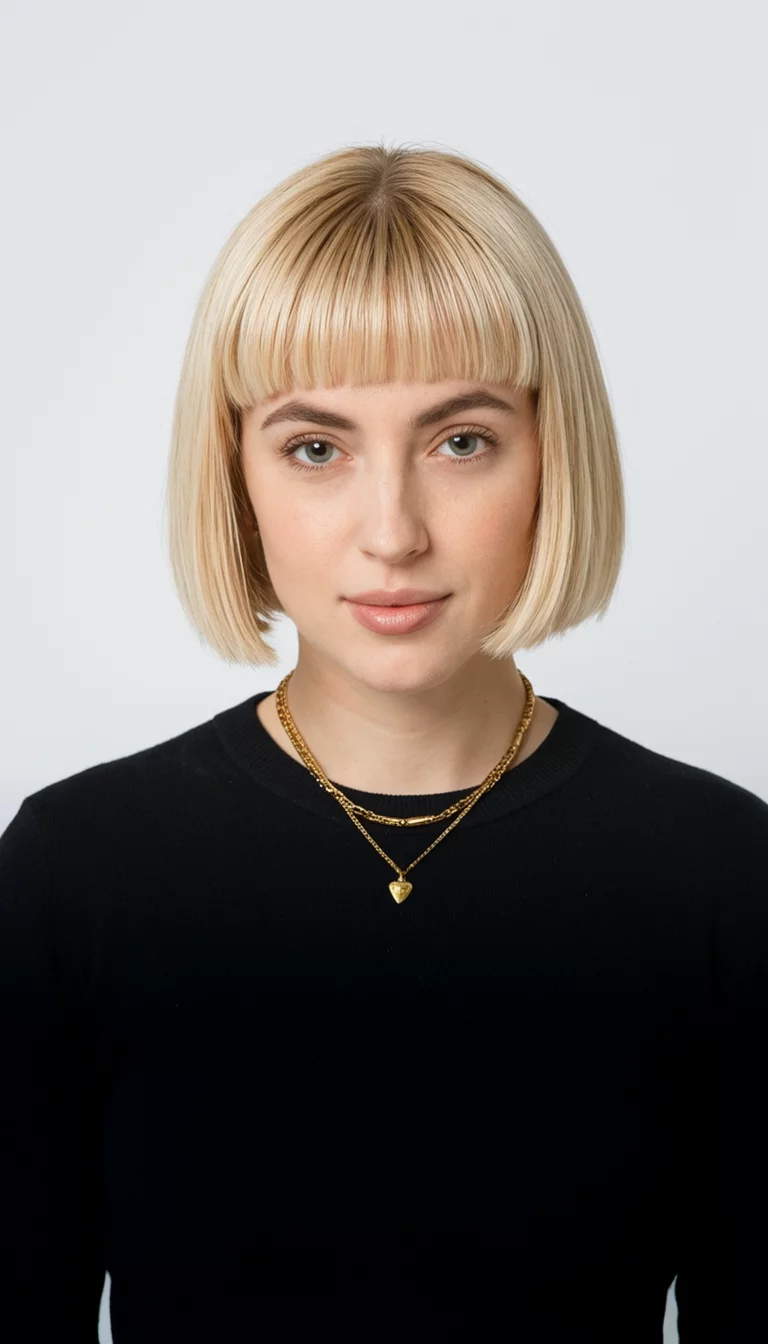 casual photo of a 26-year-old woman wearing a black top and gold necklace with a blonde blunt bob colored short hairstyle, front view, studio lighting