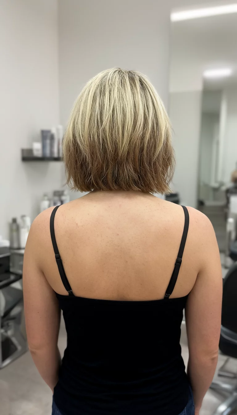 casual photo of a 31-year-old woman wearing a black camisole with a light blonde to brown ombre colored short hairstyle, back view, neutral salon background