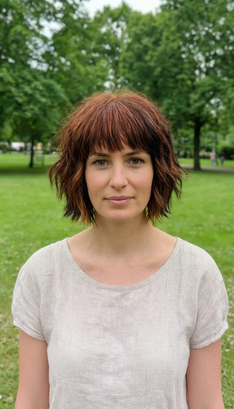 casual photo of a 33-year-old woman wearing a simple blouse with a short auburn, dark brown, and choppy brown colored hairstyle, front view, outdoor park