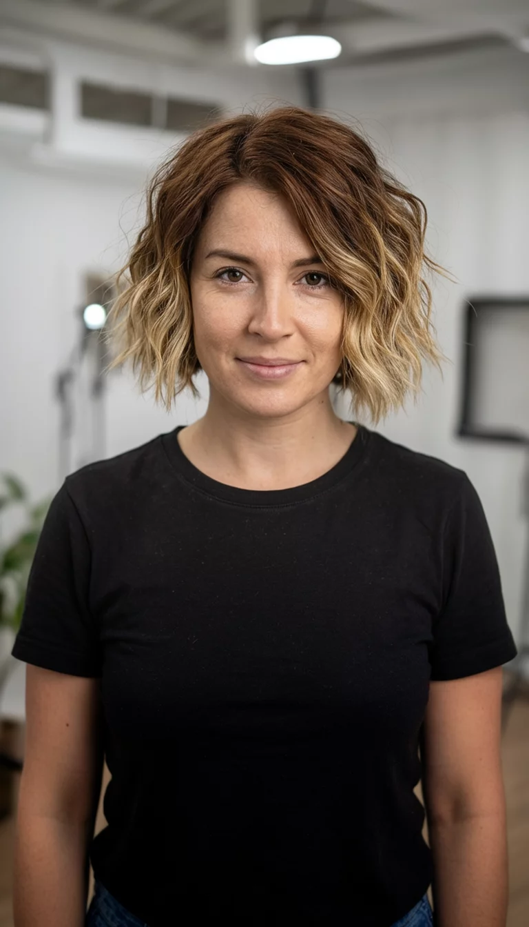 casual photo of a 28-year-old woman wearing a black top with a brown and blonde ombre colored short wavy hairstyle, front view, indoor studio