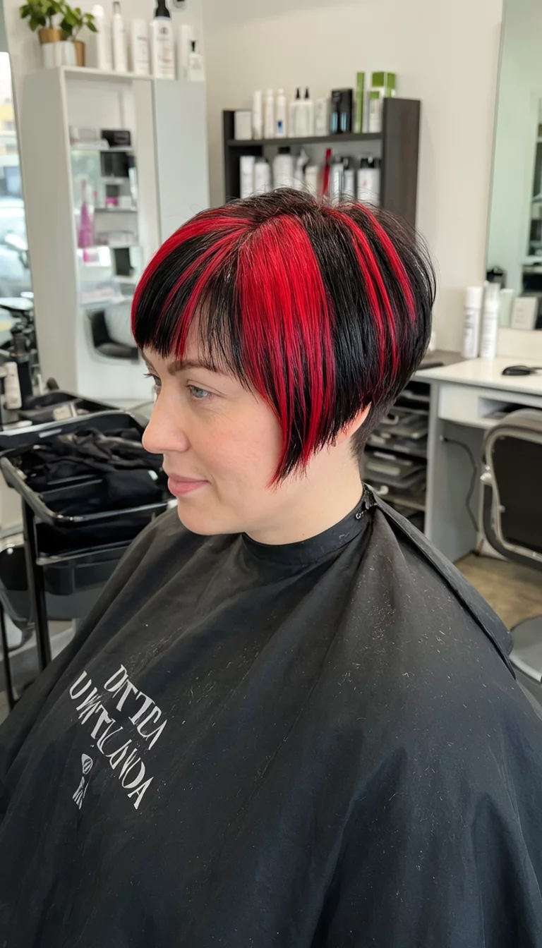 casual photo of a 27-year-old woman wearing a black salon cape with a black and red streaked colored short haircut hairstyle, side view, hair salon
