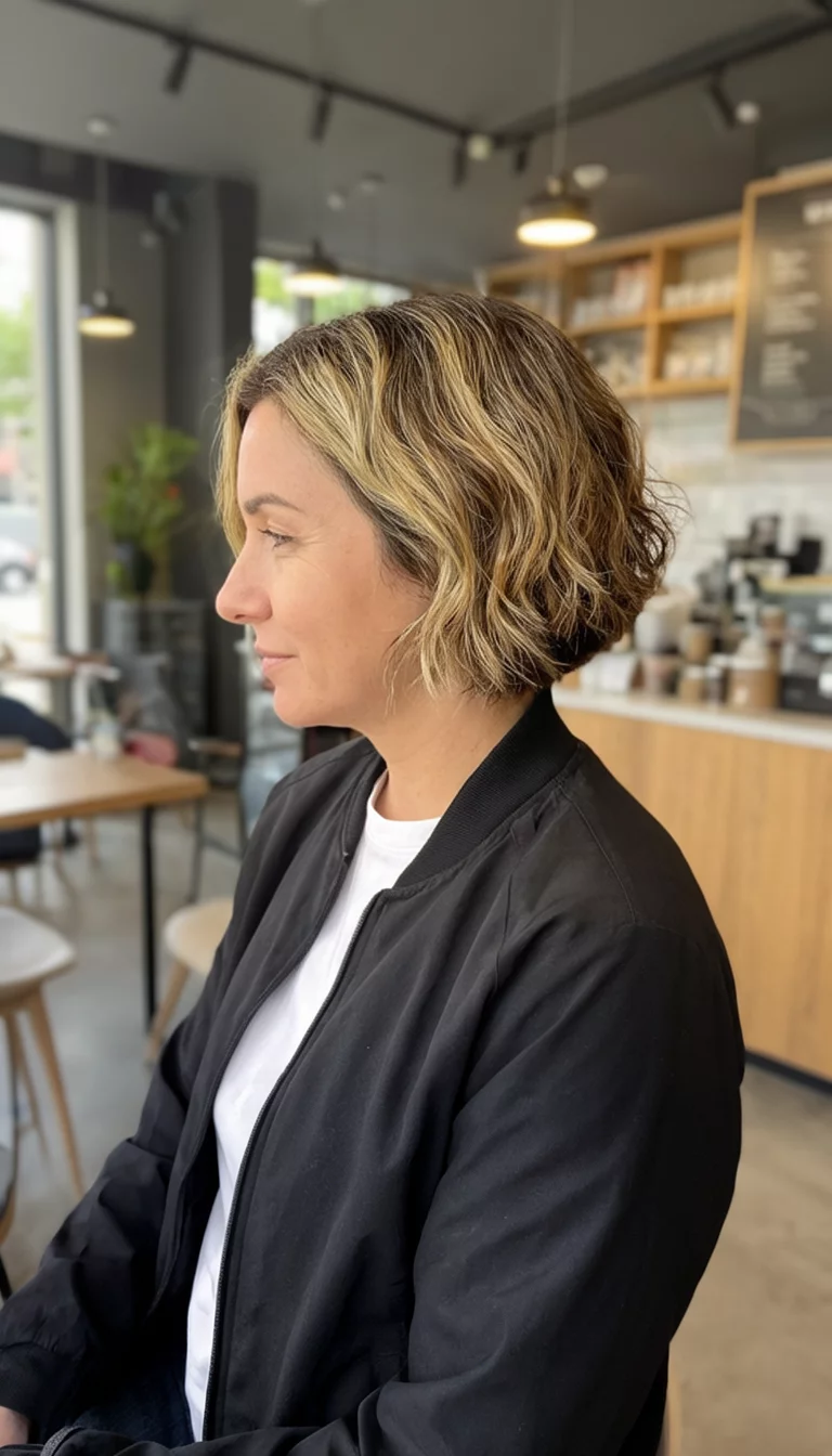 casual photo of a 39-year-old woman wearing a black jacket with white undershirt with a blonde-highlighted brown hair colored short wavy hairstyle, side view, modern cafe