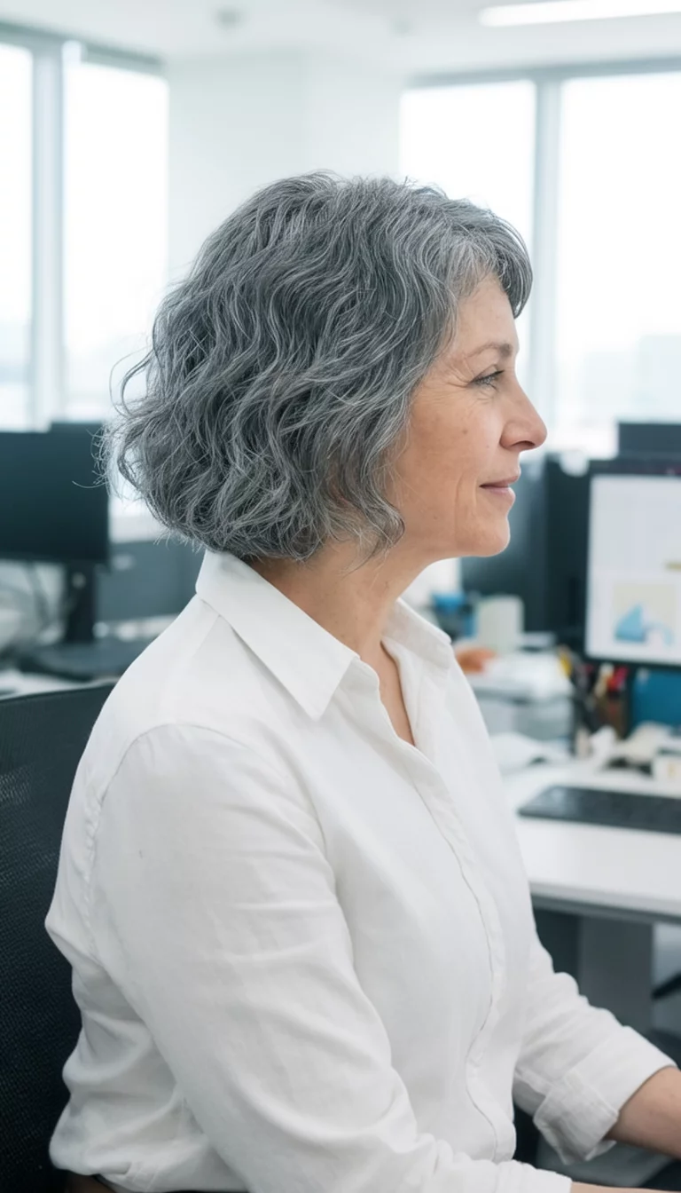 casual photo of a 44-year-old woman wearing a white collared shirt with a grey colored short wavy hairstyle, side view, bright office setting