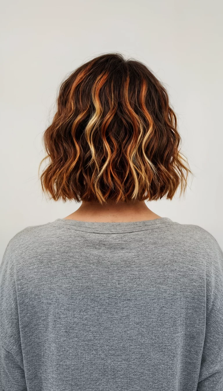 casual photo of a 29-year-old woman wearing a grey top with a wavy brown with copper and blonde highlights colored short hairstyle, back view, natural light studio
