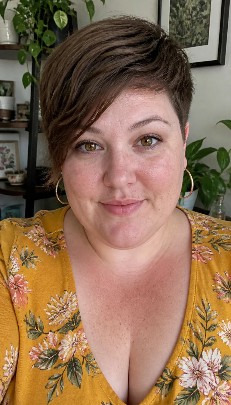Asymmetrical Warm Brown Pixie selfie of a 33-year-old plus size fair complexion woman with a chubby face and a straight nose. The skin is heavily textured with a complex pattern of light freckles and a few small pimples. The eyes are amber. She is wearing a yellow floral top and large hoop earrings with a short, asymmetrical pixie cut in warm brown hairstyle, front view, indoor setting with plants.