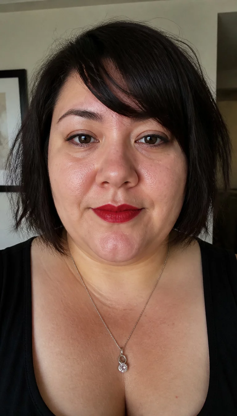 Side-Swept Winking Bob selfie of a 37-year-old plus size fair complexion woman with a chubby face and a straight nose. The skin is heavily textured with a complex pattern of light pores and a tiny scar on the chin. The eyes are dark brown. She is wearing a silver necklace and red lipstick with a dark brown, choppy bob with side-swept bangs hairstyle, front view.