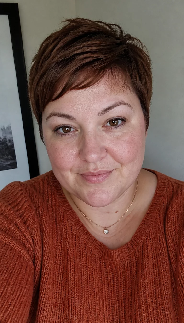 Warm Brown Textured Pixie selfie of a 35-year-old plus size fair complexion woman with a chubby face and a pointed nose. The skin is heavily textured with a complex pattern of light freckles and a small mole on the neck. The eyes are brown. She is wearing a rust-colored sweater and a delicate pendant necklace with a short, textured pixie cut in warm brown hairstyle, front view.
