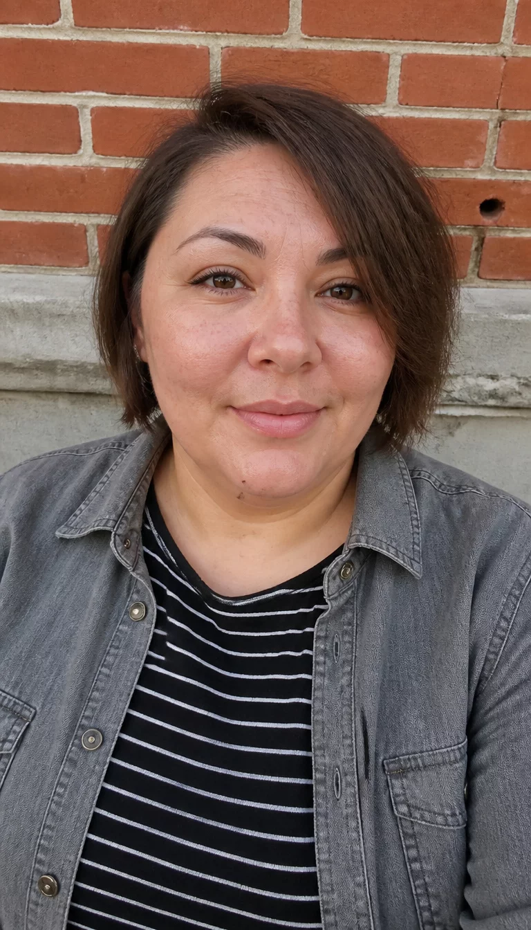 casual photo of a 34-year-old plus size light-medium complexion woman with a chubby face and a rounded nose. The skin is heavily textured with a complex pattern of light sun spots on the cheeks and a small birthmark near the chin. The eyes are almond-shaped brown. She is wearing a gray denim button-down shirt over a black and white striped t-shirt with a dark brown, choppy, asymmetrical bob hairstyle, front view, brick wall and concrete ledge background.